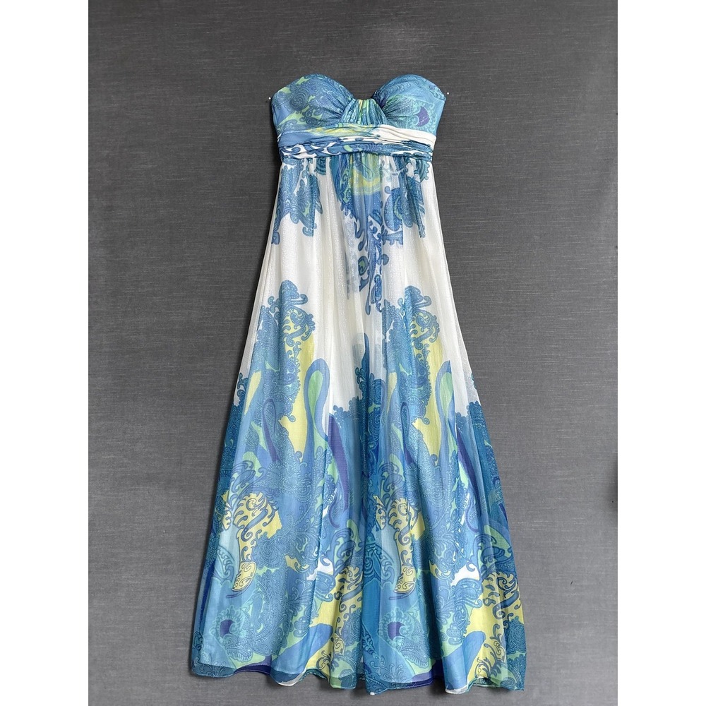 Vintage Cache Dress 4 Silk Blue Paisley Strapless Empire Maxi Boho Formal y2k